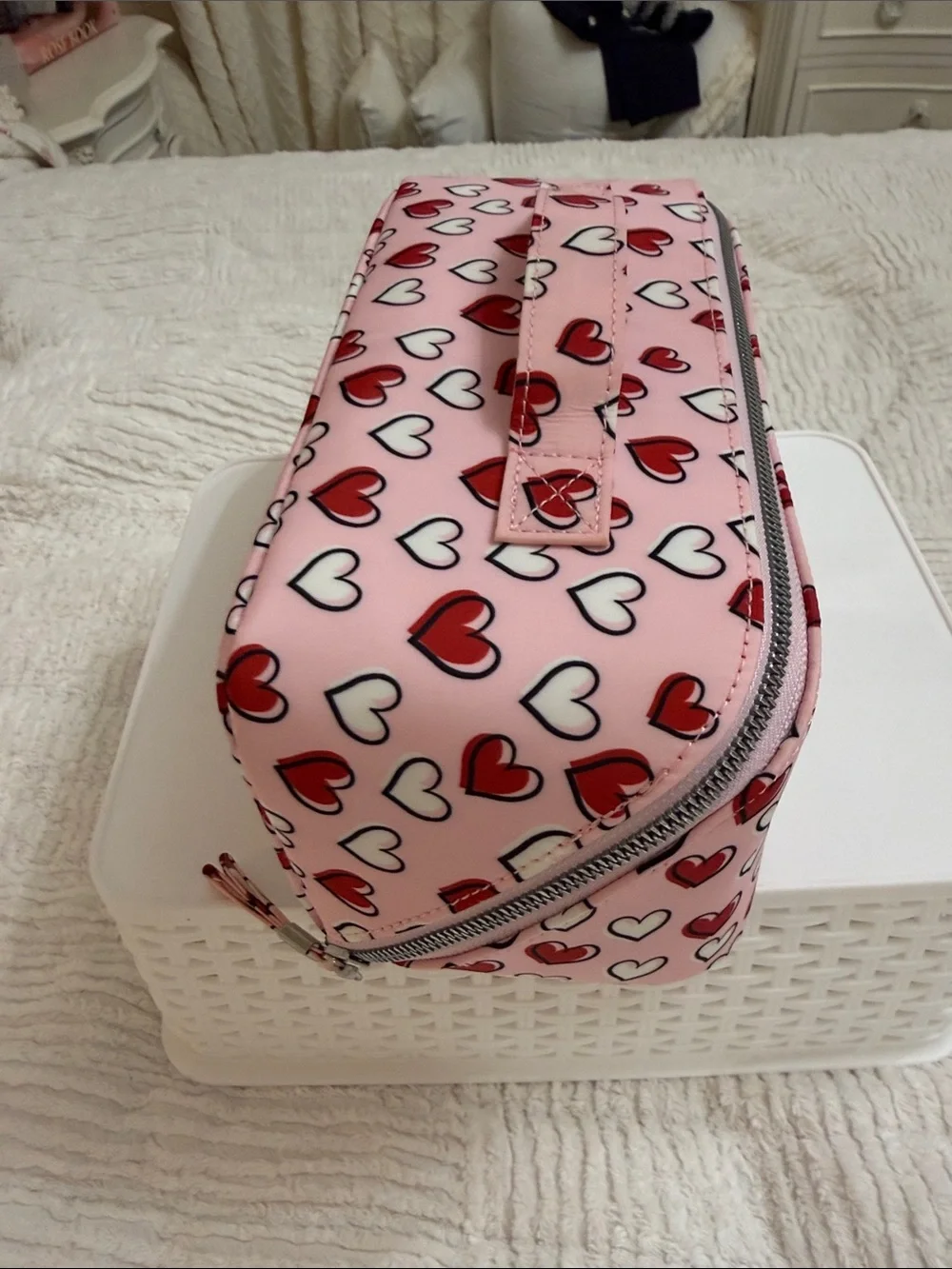 Pink Heart-Print Cosmetic Bag – Women Bags